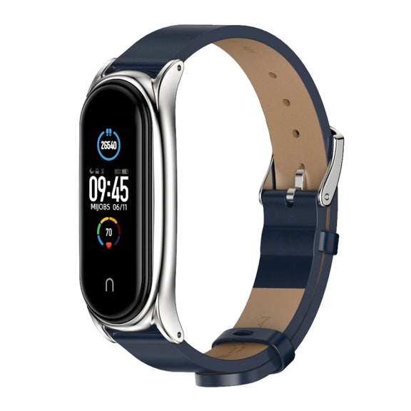 For Xiaomi Mi Band 6 / 5 / 4 / 3 Mijobs Metal Case Crazy Horse Texture PU Microfiber Plus Watch Band(Blue Silver)