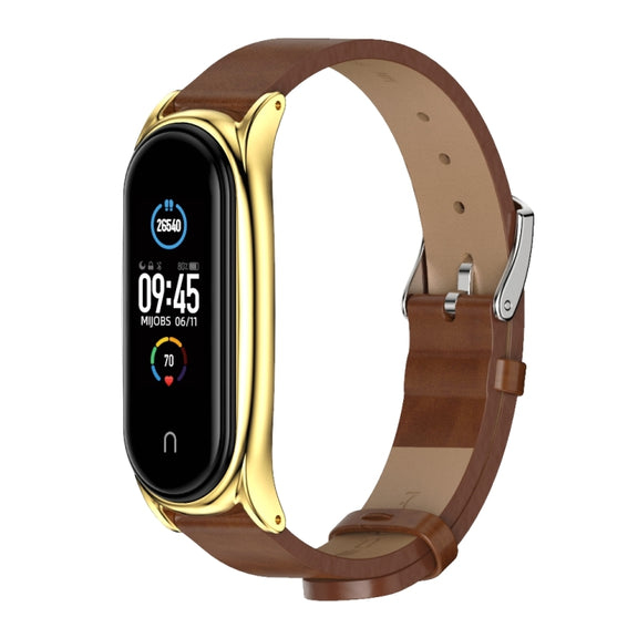For Xiaomi Mi Band 6 / 5 / 4 / 3 Mijobs Metal Case Crazy Horse Texture PU Microfiber Plus Watch Band(Brown Gold)