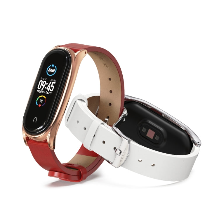 For Xiaomi Mi Band 6 / 5 / 4 / 3 Mijobs Metal Case Crazy Horse Texture PU Microfiber Plus Watch Band(Brown Silver) - Watch Bands by MIJOBS | Online Shopping South Africa | PMC TechLife | Buy Now Pay Later Mobicred