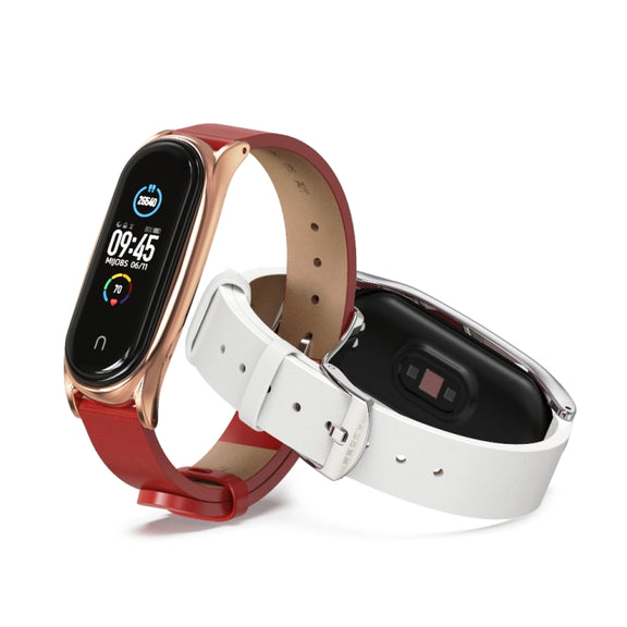For Xiaomi Mi Band 6 / 5 / 4 / 3 Mijobs Metal Case Crazy Horse Texture PU Microfiber Plus Watch Band(Brown Silver) - Watch Bands by MIJOBS