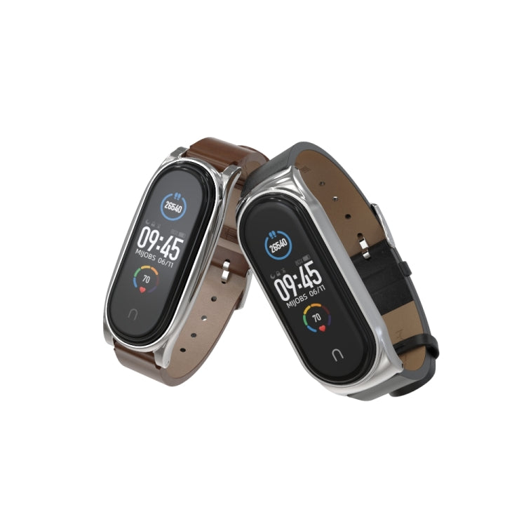 For Xiaomi Mi Band 6 / 5 / 4 / 3 Mijobs Metal Case Crazy Horse Texture PU Microfiber Plus Watch Band(Blue Silver)