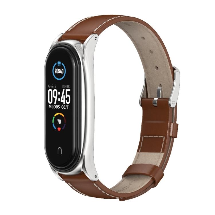 For Xiaomi Mi Band 6 / 5 / 4 / 3 Mijobs First Layer Cowhide Plus Watch Band(Brown Silver) - Watch Bands by MIJOBS