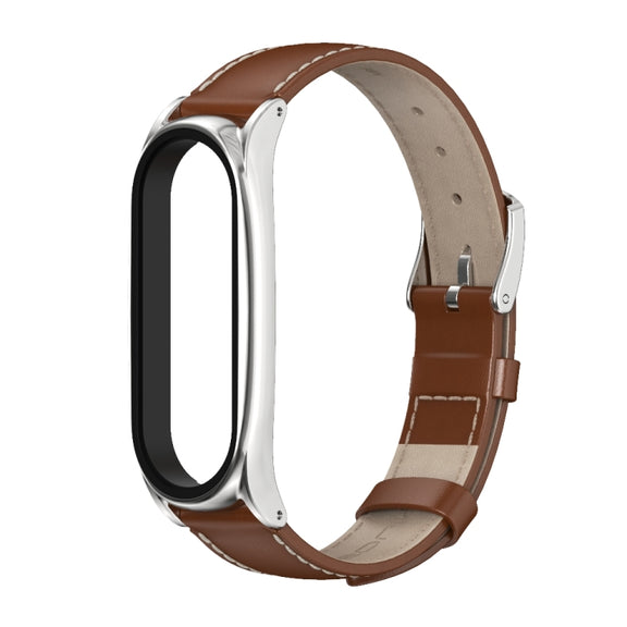 For Xiaomi Mi Band 6 / 5 / 4 / 3 Mijobs First Layer Cowhide Plus Watch Band(Brown Silver) - Watch Bands by MIJOBS