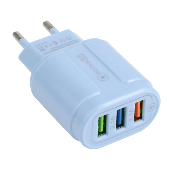 13-222 QC3.0 USB + 2.1A Dual USB Ports Macarons Travel Charger, EU Plug(Blue)