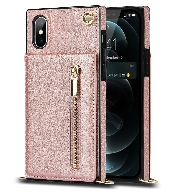 For iPhone X / XS Cross-body Zipper Square TPU+PU Back Cover Case with Holder & Card Slots & Wallet & Strap(Rose Gold)
