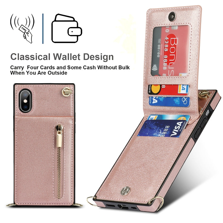 For iPhone X / XS Cross-body Zipper Square TPU+PU Back Cover Case with Holder & Card Slots & Wallet & Strap(Rose Gold)