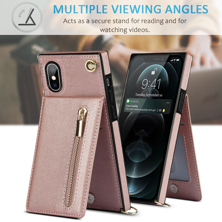 For iPhone X / XS Cross-body Zipper Square TPU+PU Back Cover Case with Holder & Card Slots & Wallet & Strap(Rose Gold)