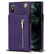 For iPhone X / XS Cross-body Zipper Square TPU+PU Back Cover Case with Holder & Card Slots & Wallet & Strap(Purple)