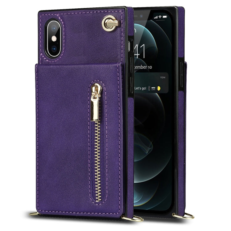For iPhone X / XS Cross-body Zipper Square TPU+PU Back Cover Case with Holder & Card Slots & Wallet & Strap(Purple)