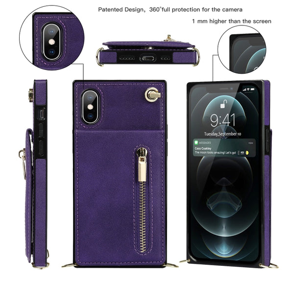 For iPhone X / XS Cross-body Zipper Square TPU+PU Back Cover Case with Holder & Card Slots & Wallet & Strap(Purple)
