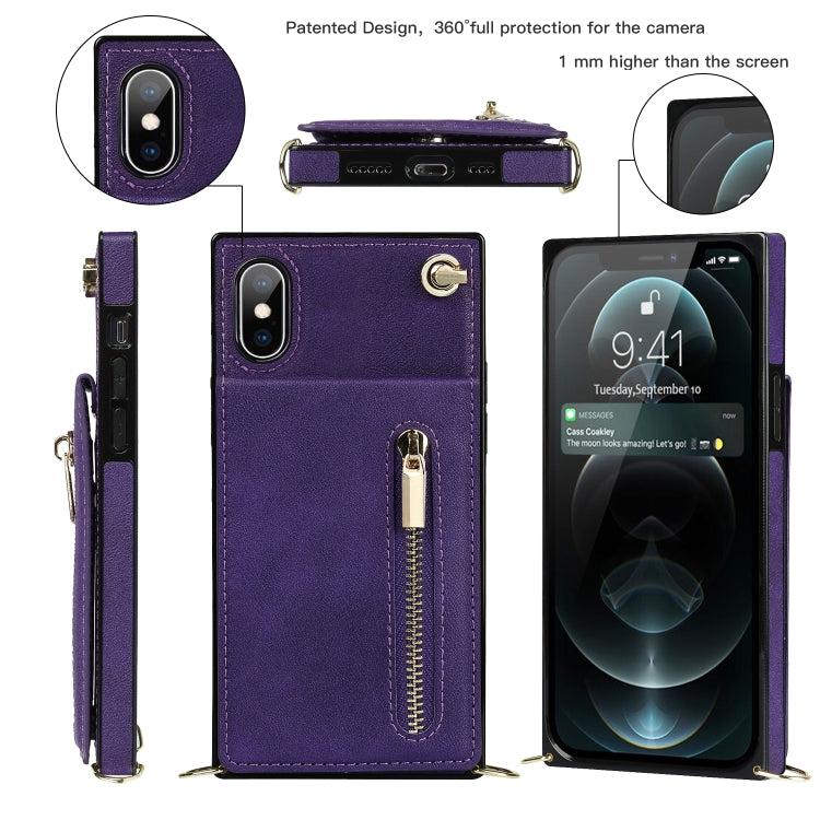 For iPhone X / XS Cross-body Zipper Square TPU+PU Back Cover Case with Holder & Card Slots & Wallet & Strap(Purple)