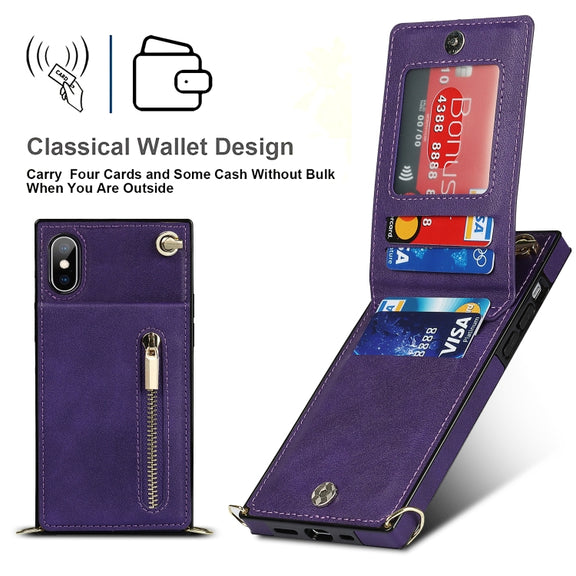 For iPhone X / XS Cross-body Zipper Square TPU+PU Back Cover Case with Holder & Card Slots & Wallet & Strap(Purple)