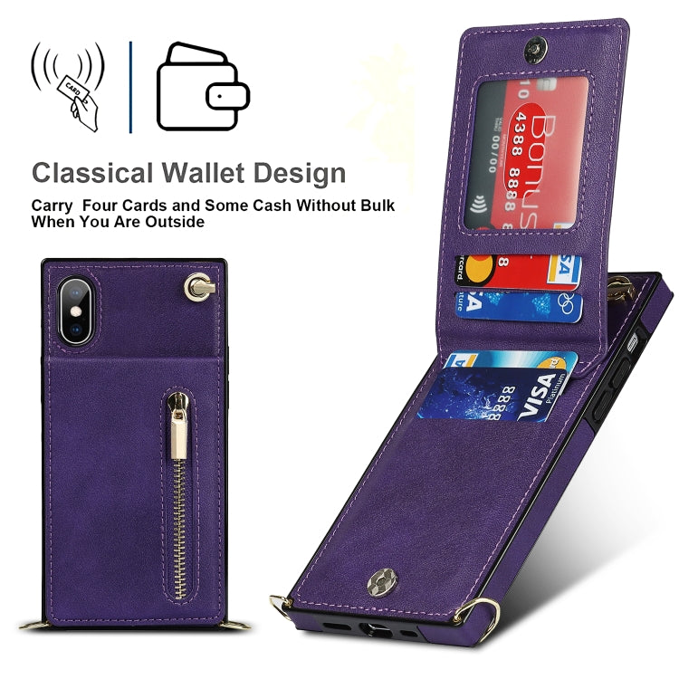 For iPhone X / XS Cross-body Zipper Square TPU+PU Back Cover Case with Holder & Card Slots & Wallet & Strap(Purple)