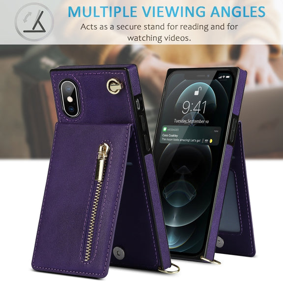 For iPhone X / XS Cross-body Zipper Square TPU+PU Back Cover Case with Holder & Card Slots & Wallet & Strap(Purple)