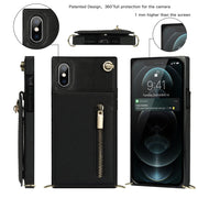 For iPhone XS Max Cross-body Zipper Square TPU+PU Back Cover Case with Holder & Card Slots & Wallet & Strap(Black)