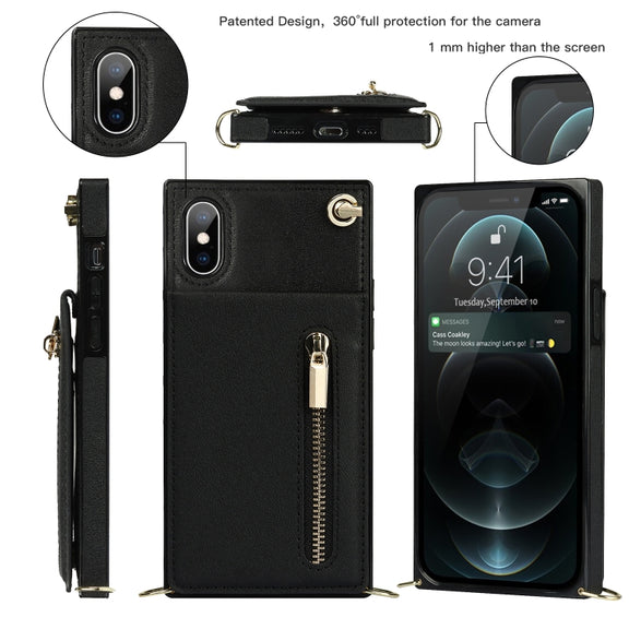 For iPhone XS Max Cross-body Zipper Square TPU+PU Back Cover Case with Holder & Card Slots & Wallet & Strap(Black)