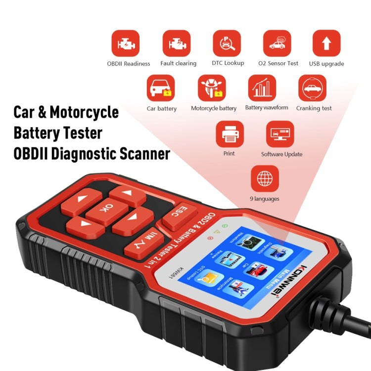 KONNWEI KW681 Car 2.4 inch TFT Screen OBD Fault Diagnosis + 6V-12V Battery Tester Support 9 Languages - free shipping - PMC TechLife - Order now!