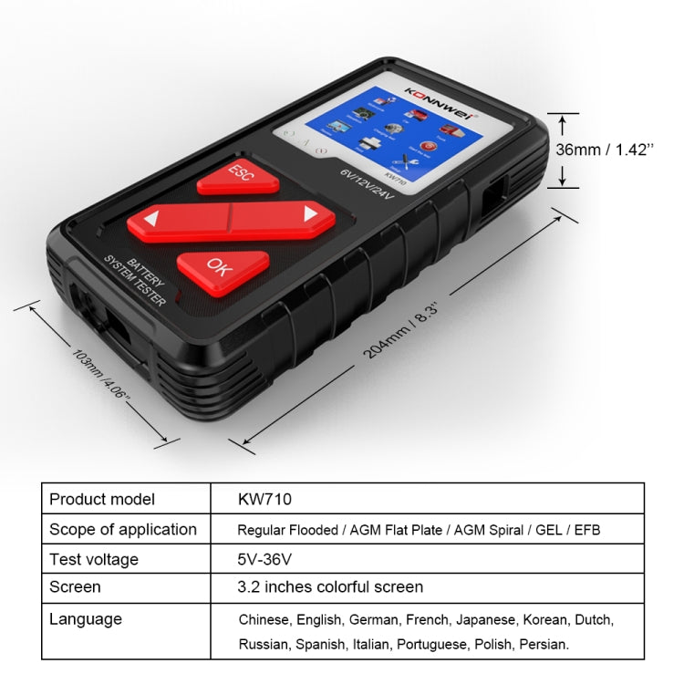 KONNWEI KW710 Car 3.2 inch 6V-24V Lead-acid Battery Tester Support 13 Languages - free shipping - PMC TechLife - Order now!