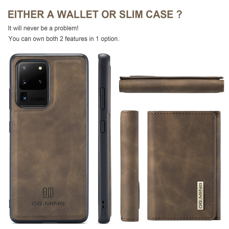 For Samsung Galaxy S20 Ultra DG.MING M1 Series 3-Fold Multi Card Wallet  Back Cover Shockproof Case with Holder Function(Coffee)