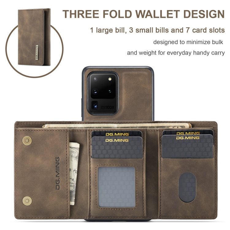 For Samsung Galaxy S20 Ultra DG.MING M1 Series 3-Fold Multi Card Wallet  Back Cover Shockproof Case with Holder Function(Coffee)