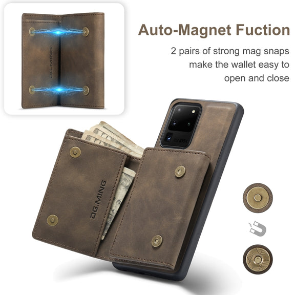 For Samsung Galaxy S20 Ultra DG.MING M1 Series 3-Fold Multi Card Wallet  Back Cover Shockproof Case with Holder Function(Coffee)