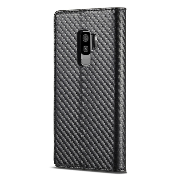 LC.IMEEKE Carbon Fiber PU + TPU Horizontal Flip Leather Case with Holder & Card Slot & Wallet For Samsung Galaxy S9+(Vertical Black)