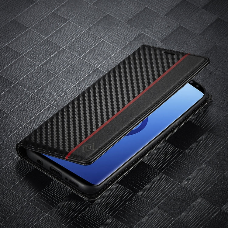 LC.IMEEKE Carbon Fiber PU + TPU Horizontal Flip Leather Case with Holder & Card Slot & Wallet For Samsung Galaxy S9+(Vertical Black)