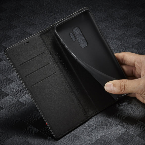 LC.IMEEKE Carbon Fiber PU + TPU Horizontal Flip Leather Case with Holder & Card Slot & Wallet For Samsung Galaxy S9+(Vertical Black)