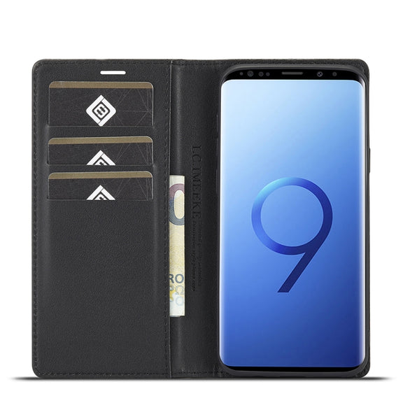 LC.IMEEKE Carbon Fiber PU + TPU Horizontal Flip Leather Case with Holder & Card Slot & Wallet For Samsung Galaxy S9+(Vertical Black)