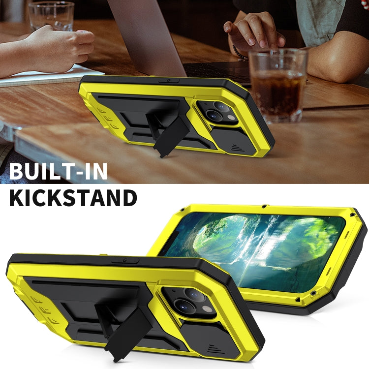 For iPhone 13 mini R-JUST Sliding Camera Shockproof Life Waterproof Dust-proof Metal + Silicone Protective Case with Holder (Yellow) - iPhone 13 mini Cases by R-JUST | Online Shopping South Africa | PMC TechLife | Buy Now Pay Later Mobicred