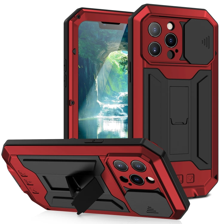 For iPhone 13 Pro Max R-JUST Sliding Camera Shockproof Life Waterproof Dust-proof Metal + Silicone Protective Case with Holder (Red) - iPhone 13 Pro Max Cases by R-JUST | Online Shopping South Africa | PMC TechLife | Buy Now Pay Later Mobicred