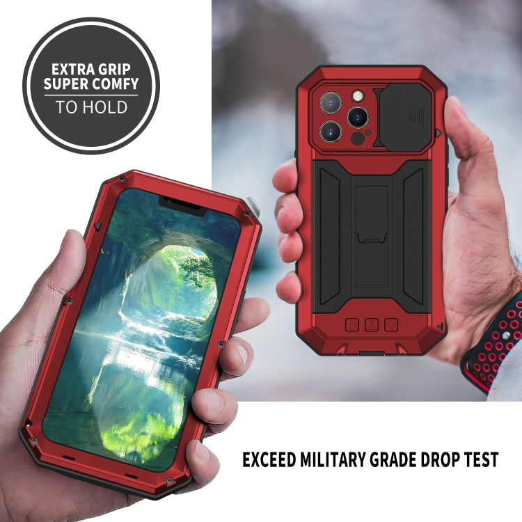 For iPhone 13 Pro Max R-JUST Sliding Camera Shockproof Life Waterproof Dust-proof Metal + Silicone Protective Case with Holder (Red) - iPhone 13 Pro Max Cases by R-JUST | Online Shopping South Africa | PMC TechLife | Buy Now Pay Later Mobicred