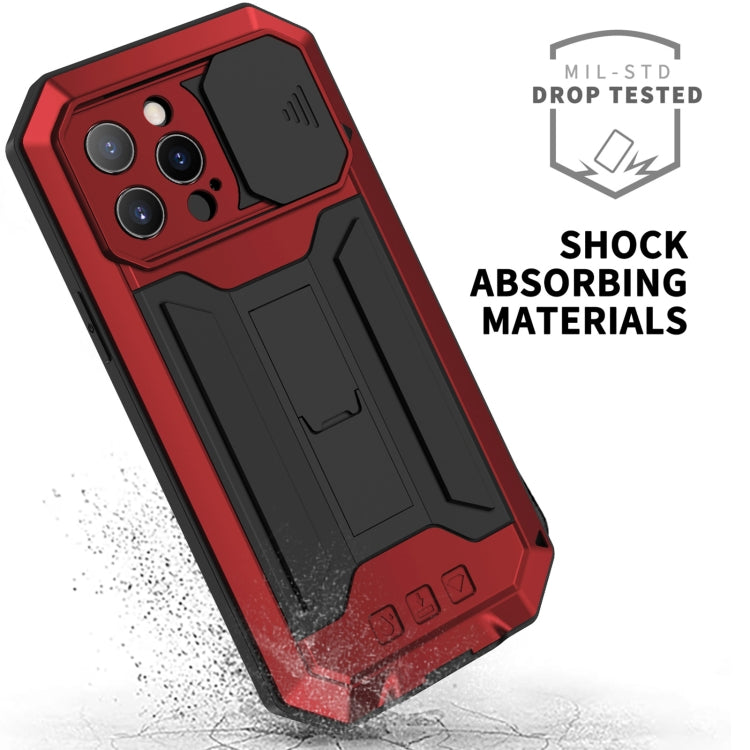 For iPhone 13 Pro Max R-JUST Sliding Camera Shockproof Life Waterproof Dust-proof Metal + Silicone Protective Case with Holder (Red) - iPhone 13 Pro Max Cases by R-JUST | Online Shopping South Africa | PMC TechLife | Buy Now Pay Later Mobicred