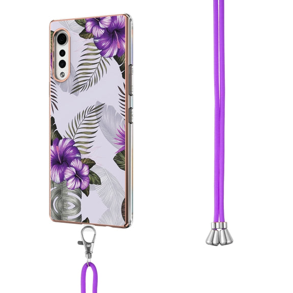 For LG Velvet 4G / Velvet 5G / G9 Electroplating Pattern IMD TPU Shockproof Case with Neck Lanyard(Purple Flower)