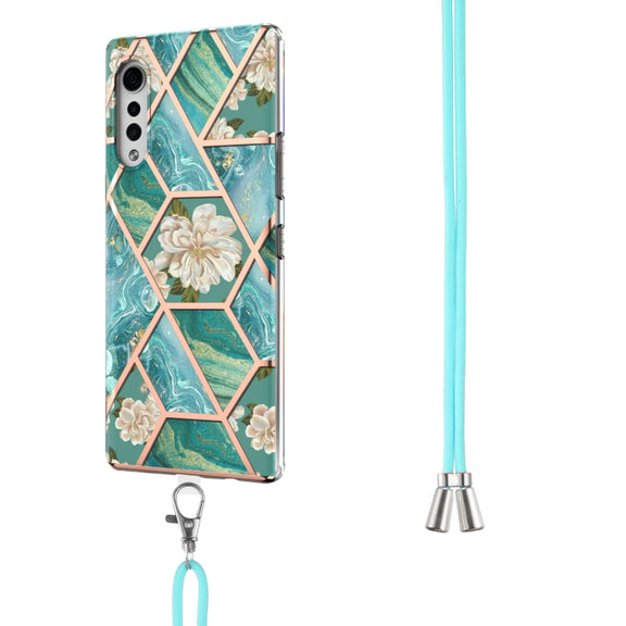 For LG Velvet 4G / Velvet 5G / G9 Electroplating Splicing Marble Flower Pattern TPU Shockproof Case with Lanyard(Blue Flower)