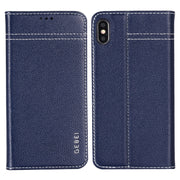 For iPhone XS / X GEBEI Top-grain Leather Horizontal Flip Protective Case with Holder & Card Slots(Blue)