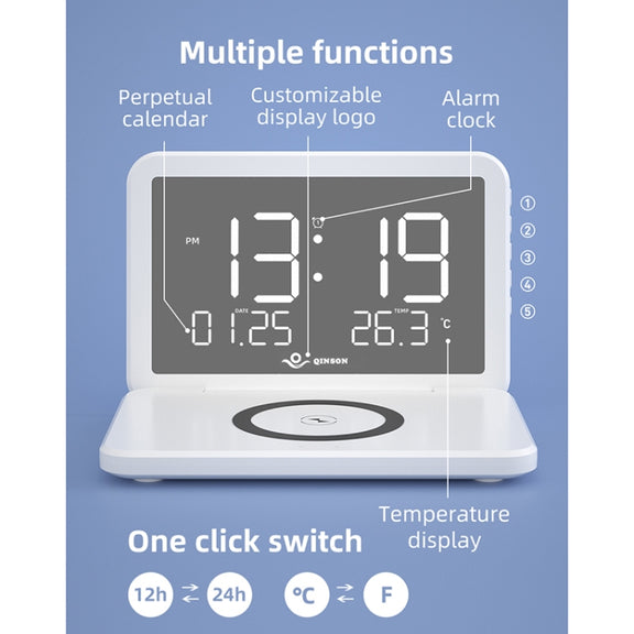 SY-118 15W Foldable Mirror Surface Perpetual Desk Calendar Clock Wireless Charger with Alarm Clock & Three-level Brightness Adjustable Function(White)