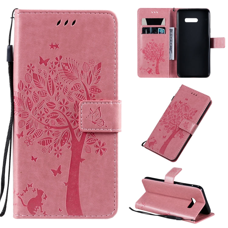 For LG G8X Tree & Cat Pattern Pressed Printing Horizontal Flip PU Leather Case with Holder & Card Slots & Wallet & Lanyard(Pink) - LG Cases by PMC TechLife | Online Shopping South Africa | PMC TechLife | Buy Now Pay Later Mobicred