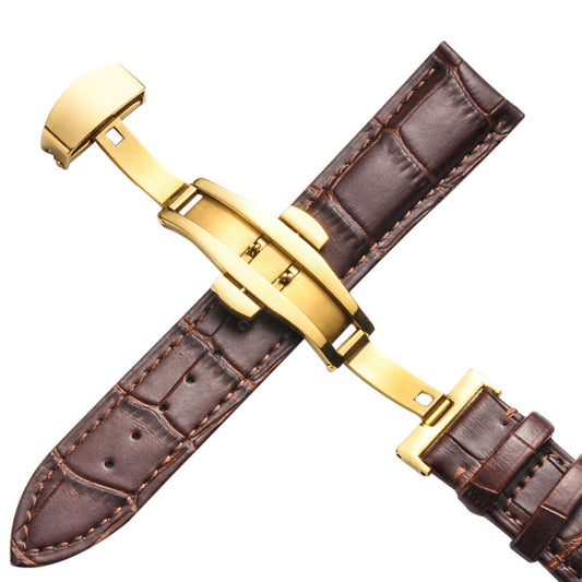 20mm Classic Cowhide Leather Gold Butterfly Buckle Watch Band(Brown) - free shipping - PMC Jewellery - Order now!
