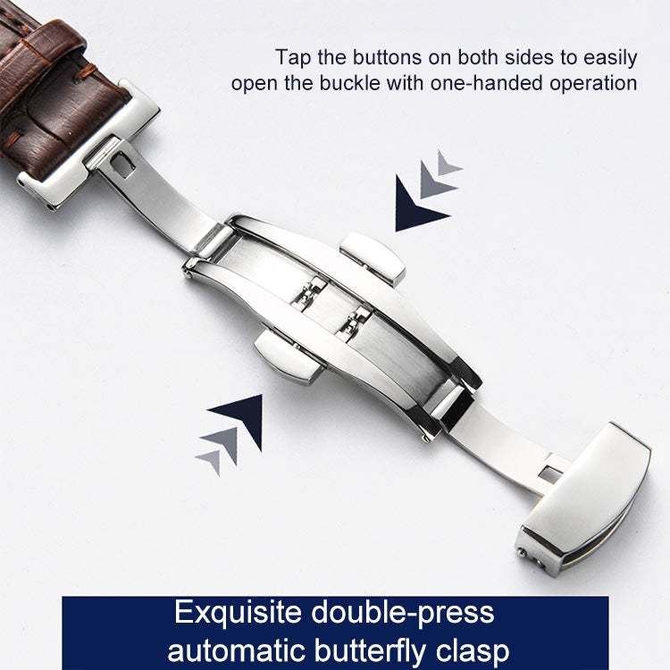 20mm Classic Cowhide Leather Gold Butterfly Buckle Watch Band(Brown)