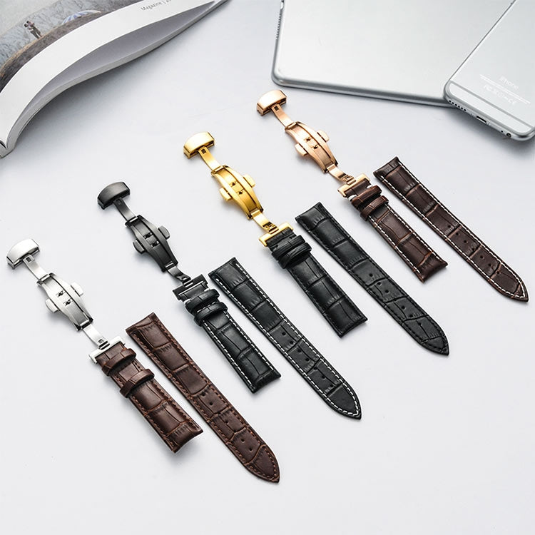 22mm Classic Cowhide Leather Gold Butterfly Buckle Watch Band(Black White Lines)