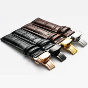 22mm Classic Cowhide Leather Gold Butterfly Buckle Watch Band(Black White Lines)