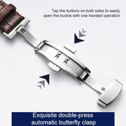 22mm Classic Cowhide Leather Gold Butterfly Buckle Watch Band(Black White Lines)