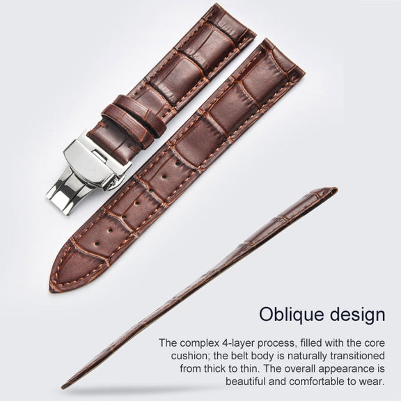 22mm Classic Cowhide Leather Gold Butterfly Buckle Watch Band(Black White Lines)