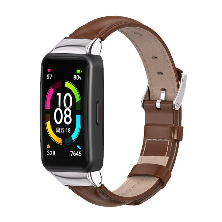 For Huawei Band 6 / Honor Band 6 / 7 MIJOBS Cowhide Leather Watch Band(Brown Silver) - Watch Bands by MIJOBS | Online Shopping South Africa | PMC TechLife | Buy Now Pay Later Mobicred