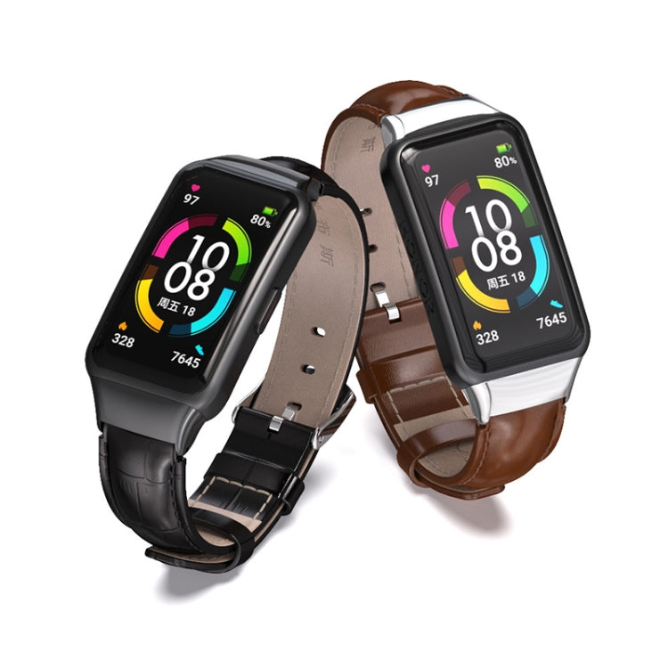 For Huawei Band 6 / Honor Band 6 / 7 MIJOBS Cowhide Leather Watch Band(Brown Silver) - Watch Bands by MIJOBS