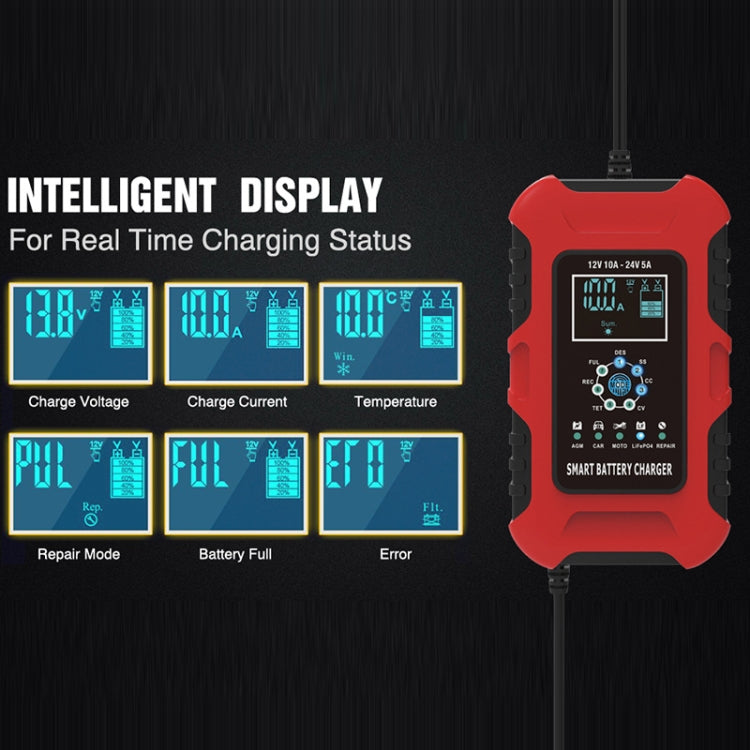 FOXSUR 10A 12V 7-segment Motorcycle / Car Smart Battery Charger, Plug Type:US Plug(Red)
