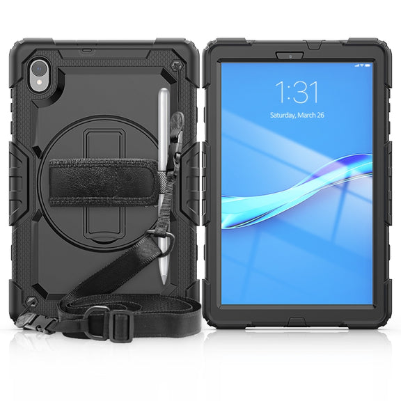 For Lenovo Tab M10 HD TB-X306X Shockproof Colorful Silicone + PC Protective Tablet Case with Holder & Shoulder Strap & Hand Strap(Black)
