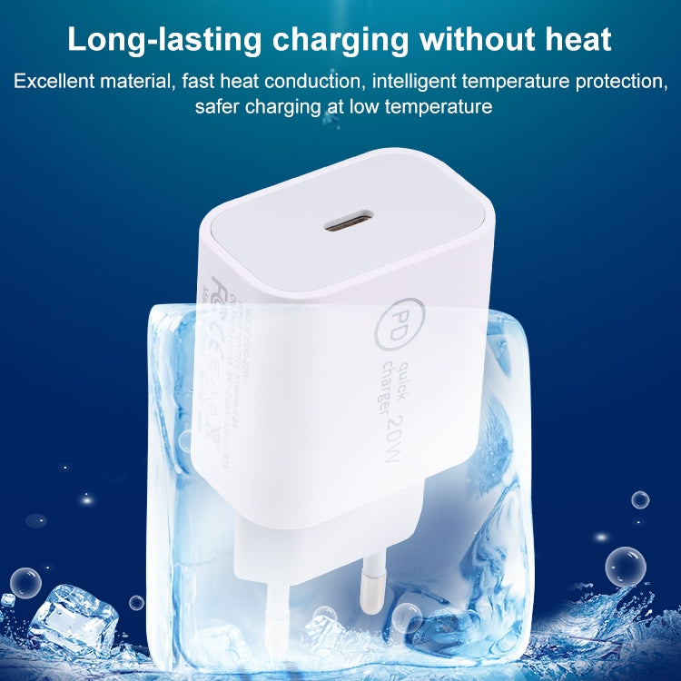 SDC-20W PD USB-C / Type-C Travel Charger + 1m 20W USB-C / Type-C to 8 Pin Data Cable Set, EU Plug(White) - free shipping - PMC TechLife - Order now!