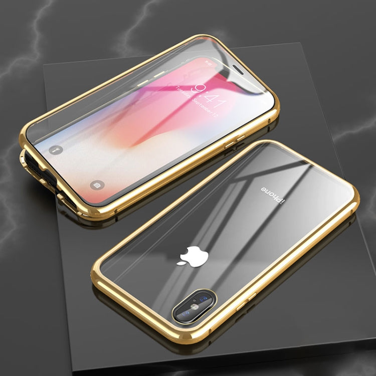 For iPhone X / XS Ultra Slim Double Sides Magnetic Adsorption Angular Frame Tempered Glass Magnet Flip Case(Gold) - More iPhone Cases by PMC TechLife | Online Shopping South Africa | PMC TechLife